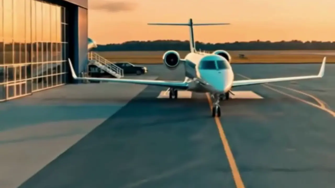 Zach Purvis boarding a private jet; on desktop, a private jet on the ramp at golden hour